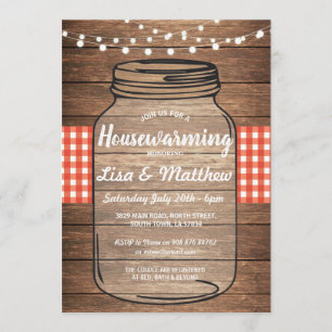 Housewarming Party Rustic Jar Wood Red Gingham Invitation