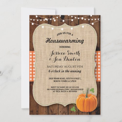 Housewarming Party Rustic Wood Pumpkin Burlap Invitation