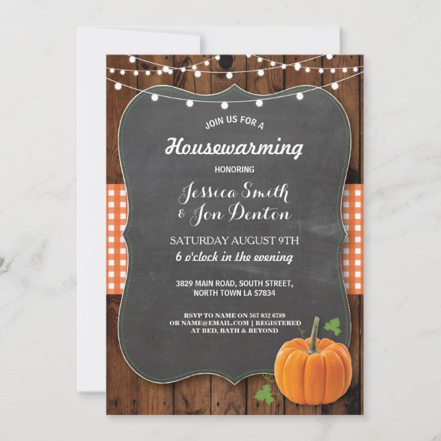 Housewarming Party Rustic Wood Pumpkin Chalk Invitation (Front)