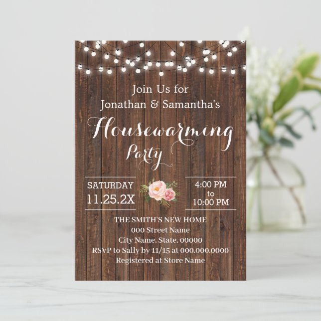 Housewarming Party Rustic Wooden Pink Flowers Invitation (Standing Front)