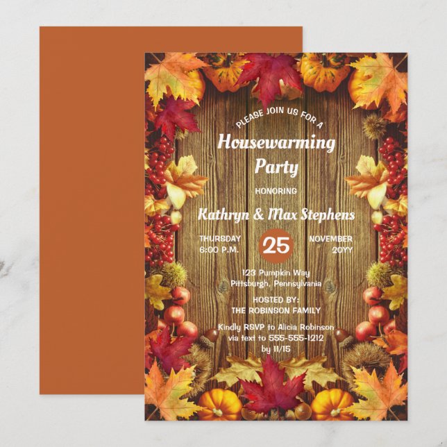 Housewarming Party  - Rustic Woodsy Fall Leaves  Invitation (Front/Back)