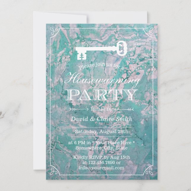 Housewarming Party Skeleton Key Teal Marble Invitation (Front)