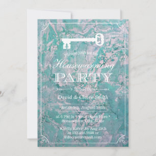 Housewarming Party Skeleton Key Teal Marble Invitation