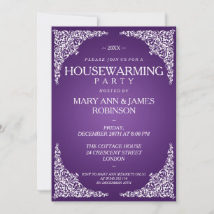 Housewarming Party Vintage Swirls Purple Invitation