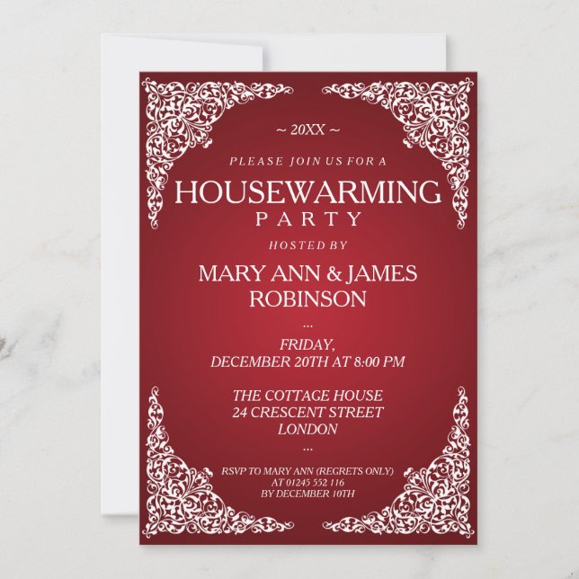 Housewarming Party Vintage Swirls Red Invitation (Front)