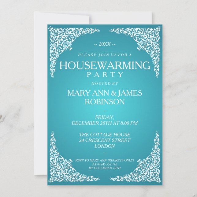 Housewarming Party Vintage Swirls Turquoise Invitation (Front)