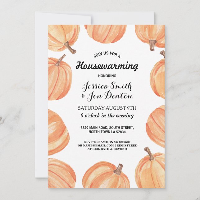 Housewarming Party Watercolor Pumpkin Fall Invitation (Front)