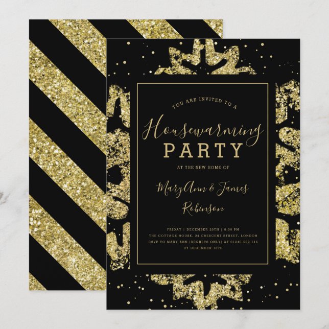 Housewarming Party | Winter Glitter Gold & Black Invitation (Front/Back)
