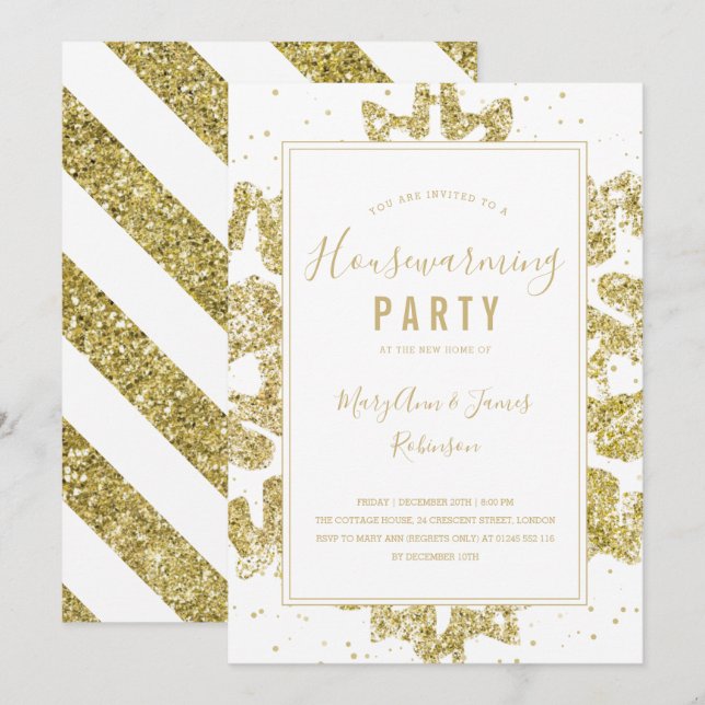 Housewarming Party | Winter Glitter Gold & White Invitation (Front/Back)