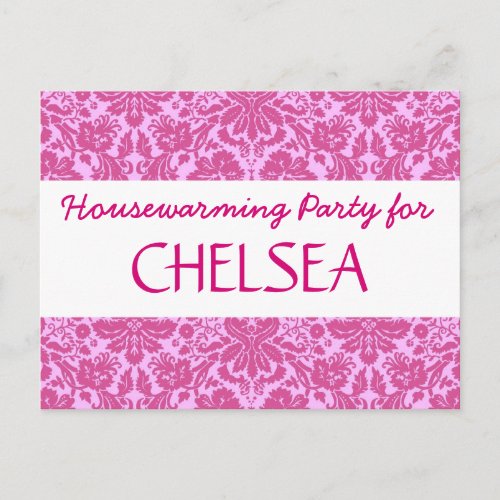 Housewarming Party with Pink Damask A04 Announcement Postcard