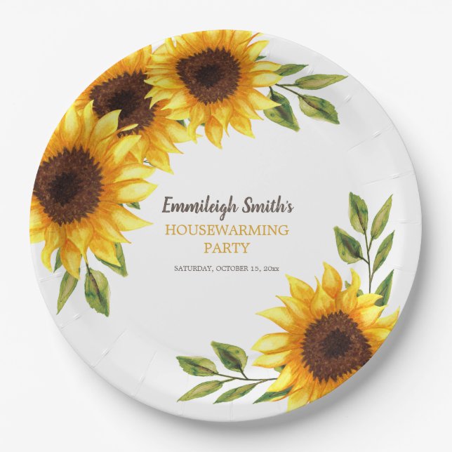 Housewarming Party Yellow Brown Sunflowers White  Paper Plates (Front)