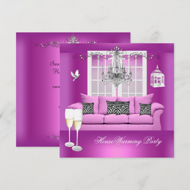 HouseWarming Pink Champagne Chandelier Sofa Invitation (Front/Back)