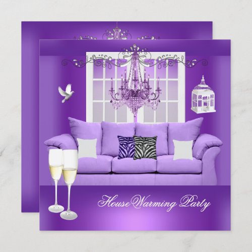 HouseWarming Purple Champagne Chandelier Sofa Invitation