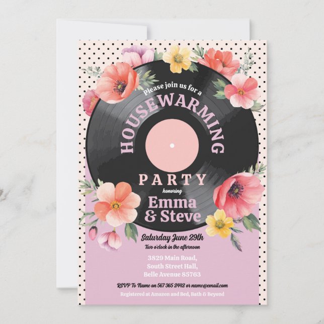 Housewarming Record Music Floral Flower 1950s Invitation (Front)