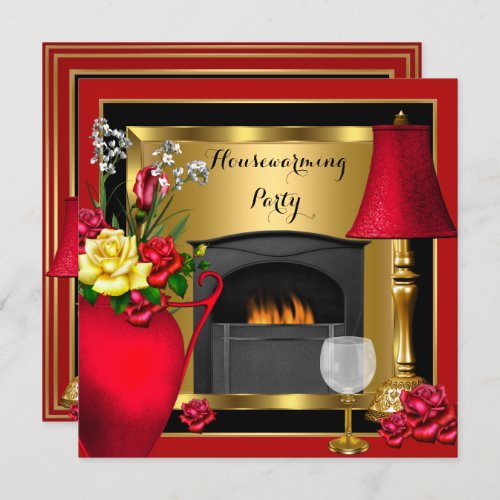 Housewarming Red Gold Roses Decor Wine Glass Invitation