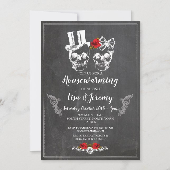 Housewarming Rose Skulls Invite Chalk Halloween (Front)