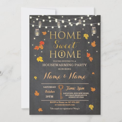 Housewarming Sweet Home Fall Chalk Leaves Invite