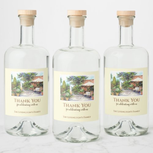 Housewarming Terrace of The Manor House Watercolor Liquor Bottle Label