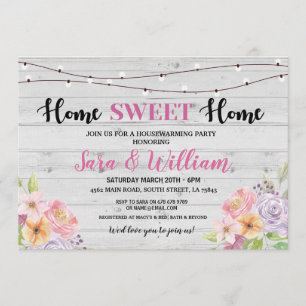 Housewarming Vintage Home Sweet Grey Pink Flowers Invitation