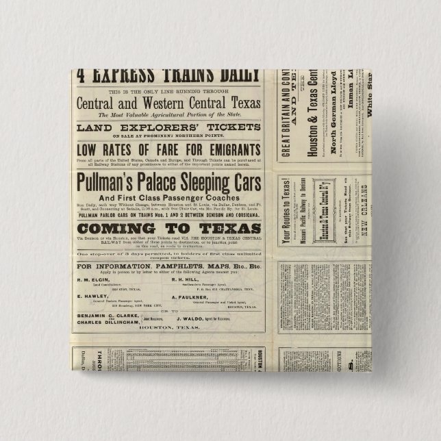 Houston and Texas Central Railway through Texas Pinback Button (Front)