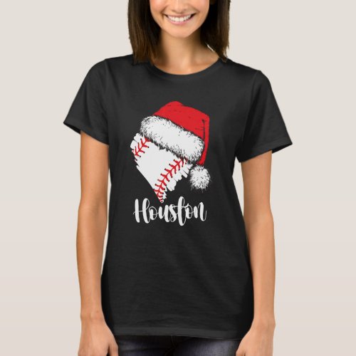 Houston Baseball Heart Santa Hat Merry Xmas T_Shirt