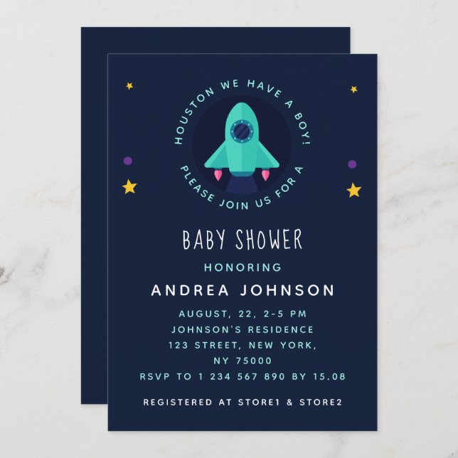 Houston Its a Boy Rocket Spaceship Stars & Space Invitation (Front/Back)