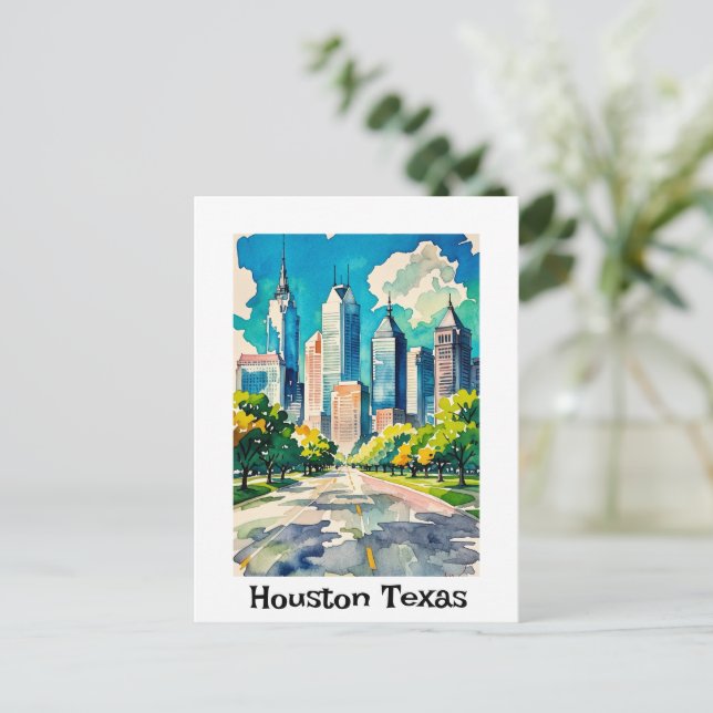 Houston Skyline water colored Postcard (Standing Front)