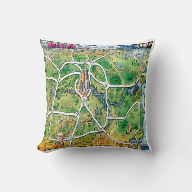 Houston Texas Cartoon Map Throw Pillow (Front)