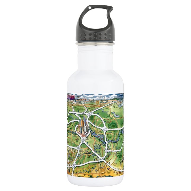 Houston Texas Cartoon Map Water Bottle (Front)