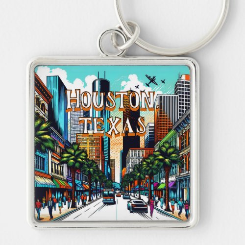 Houston Texas Downtown City View Abstract Art Keychain