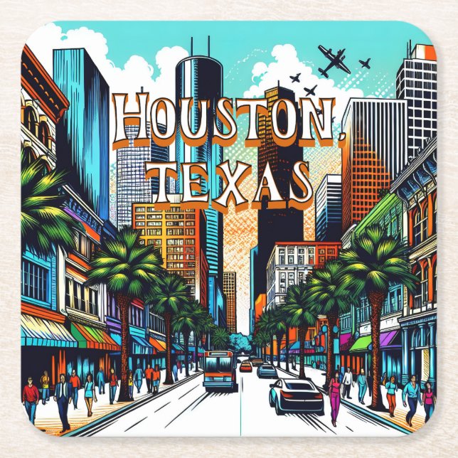 Houston, Texas Downtown City View Abstract Art Square Paper Coaster (Front)