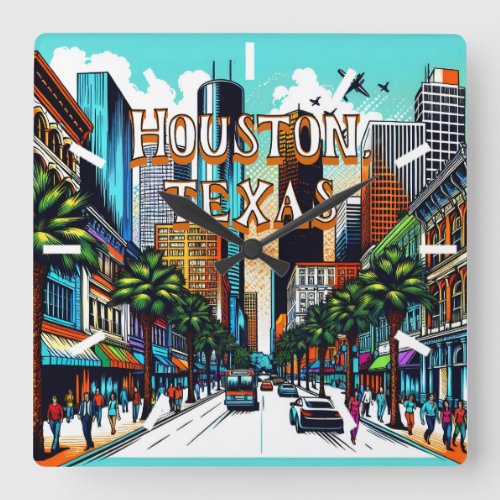 Houston Texas Downtown City View Abstract Art Square Wall Clock
