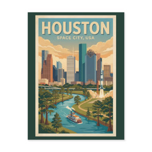 Houston Texas Illustration Travel Art Vintage Postcard