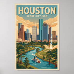 Houston Texas Illustration Travel Art Vintage Poster