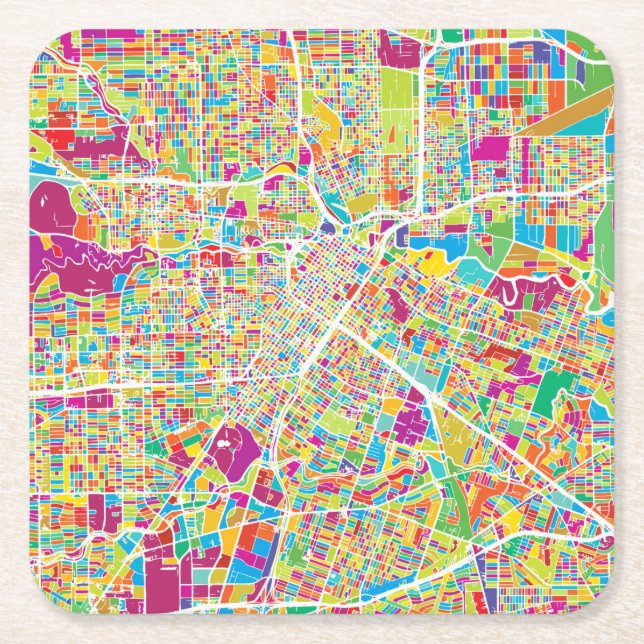 Houston, Texas | Neon Map Square Paper Coaster (Front)