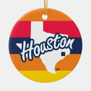 Houston, Texas, Orange, Red, Navy, Yellow Stripe Ceramic Ornament