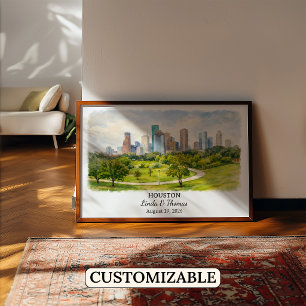 Houston Texas Poster, Watercolor, Custom Poster