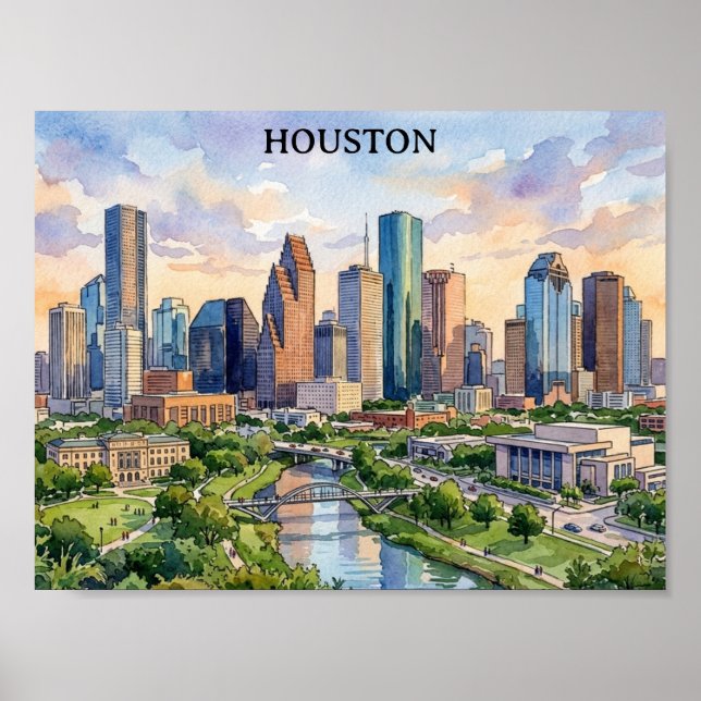 Houston Texas Retro Watercolor Artwork Poster (Front)