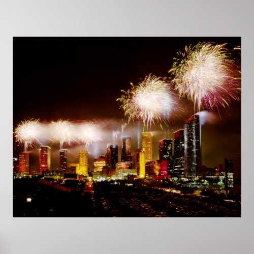 Houston Texas skyline with fireworks Poster