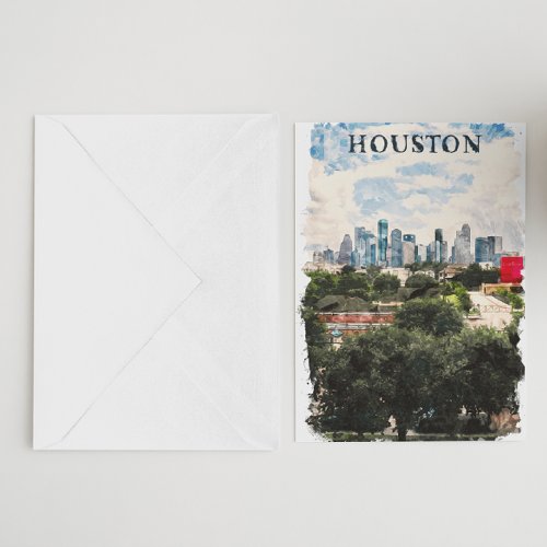 Houston Texas Vintage Retro Travel Watercolor Postcard