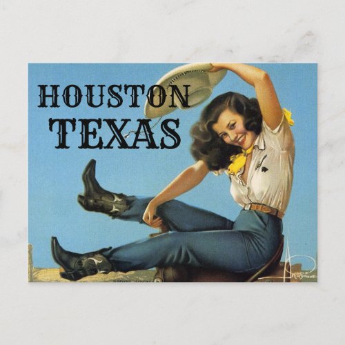 HOUSTON Texas Vintage travel Cowgirl Postcard