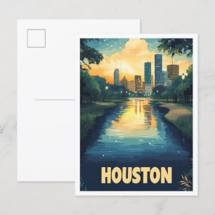 Houston USA Art Vintage Illustration Travel Postcard