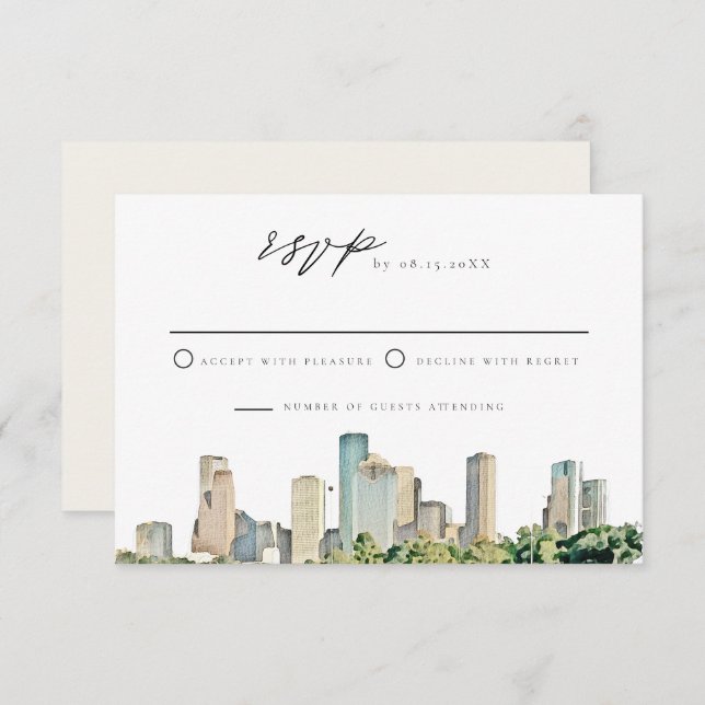 HOUSTON Watercolor Skyline Wedding RSVP Invitation (Front/Back)