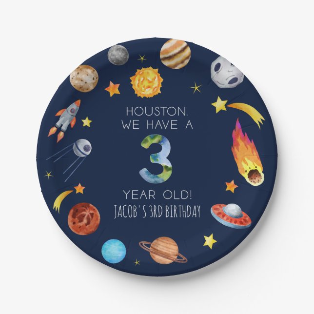 Houston We Have A 3 Year Old 3rd Birthday Party Paper Plates (Front)
