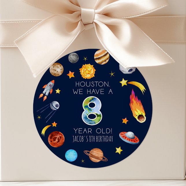 Houston We Have A 8 Year Old 8th Birthday Party Classic Round Sticker (Creator Uploaded)