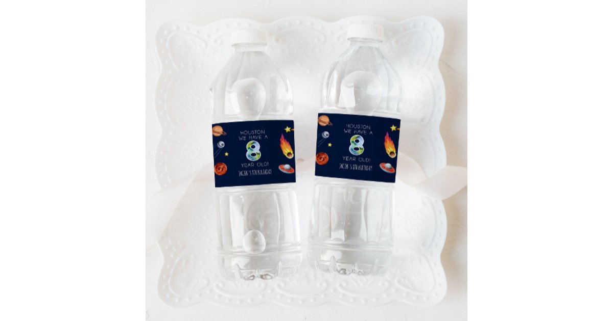 Houston We Have A 8 Year Old 8th Birthday Party Water Bottle Label | Zazzle