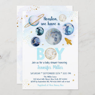 Houston We Have A Boy Blue Gold Galaxy Baby Shower Invitation