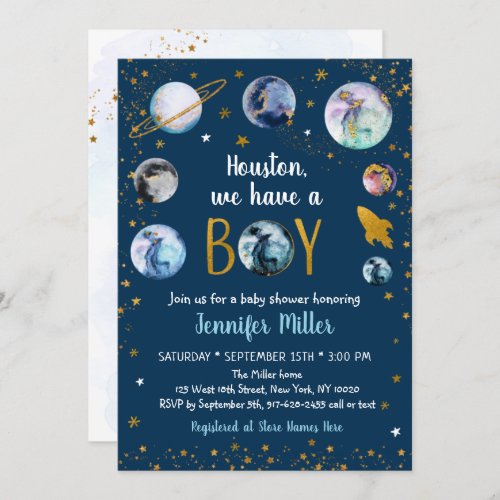 Houston We Have A Boy Blue Gold Galaxy Baby Shower Invitation