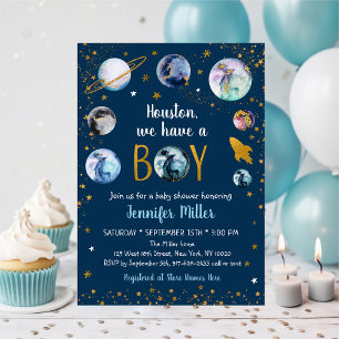 Houston We Have A Boy Blue Gold Galaxy Baby Shower Invitation