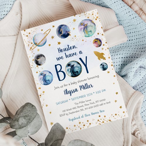 Houston We Have A Boy Blue Gold Space Baby Shower Invitation